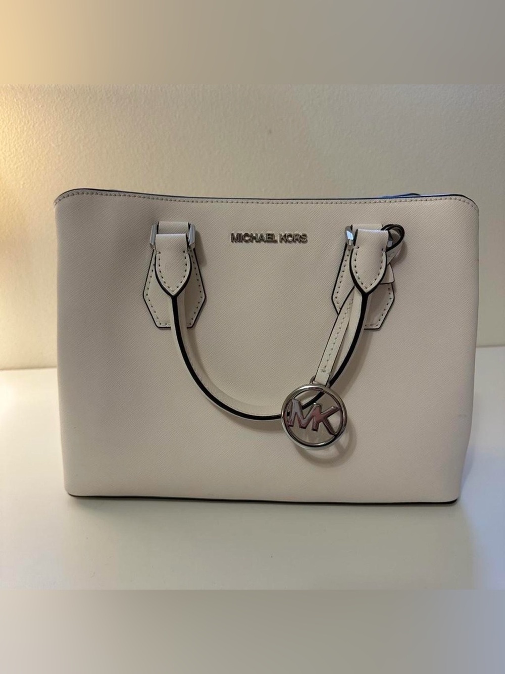 Michael Kors White Saffiano Leather Handbag MK Charm